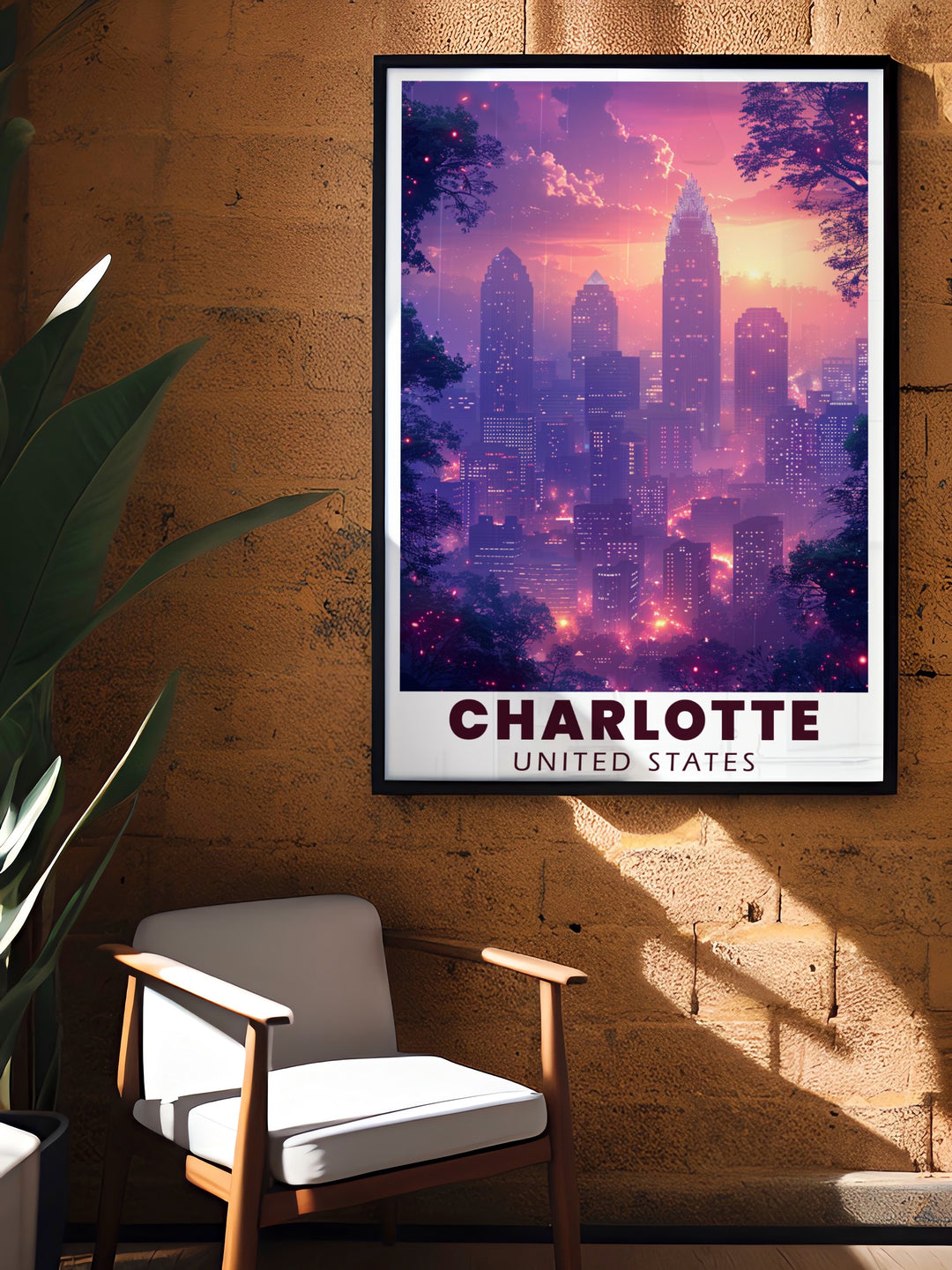 This Charlotte wall poster features a detailed illustration of the citys most famous landmark, the Bank of America Corporate Center. With fine lines and bold colors, this art print captures the dynamic spirit of Charlotte. Ideal for decorating your home or office, this travel print is a celebration of the citys architectural achievements.