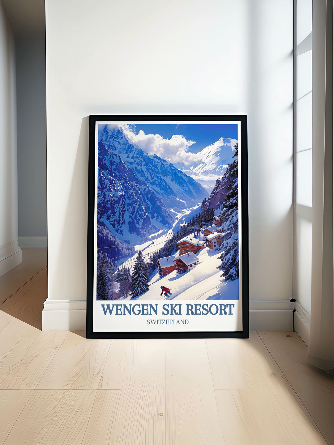 Home decor piece featuring Wengen Ski Resort, capturing the resorts lush greenery and cascading waterfalls. Perfect for adding a sense of natural elegance and serenity to your living space, celebrating New York States outdoor beauty.