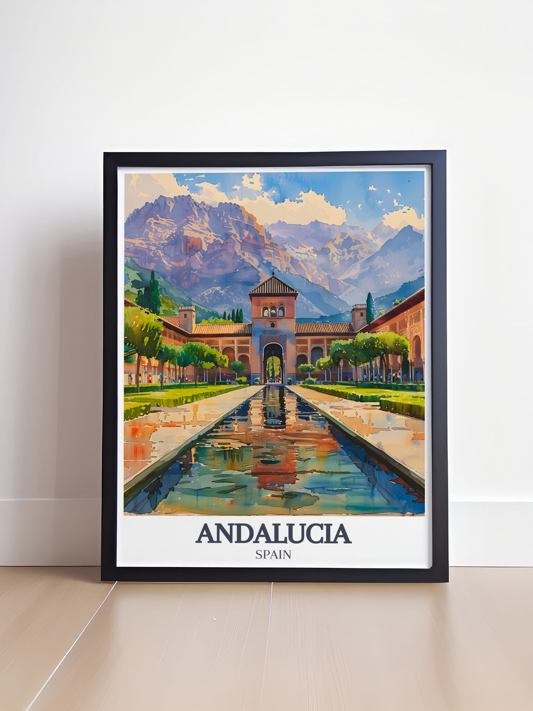 This poster features the beautiful Alhambra Palace with its stunning Islamic architecture and the majestic Sierra Nevada Mountains, capturing the essence of Spanish heritage and adding a regal touch to your decor.