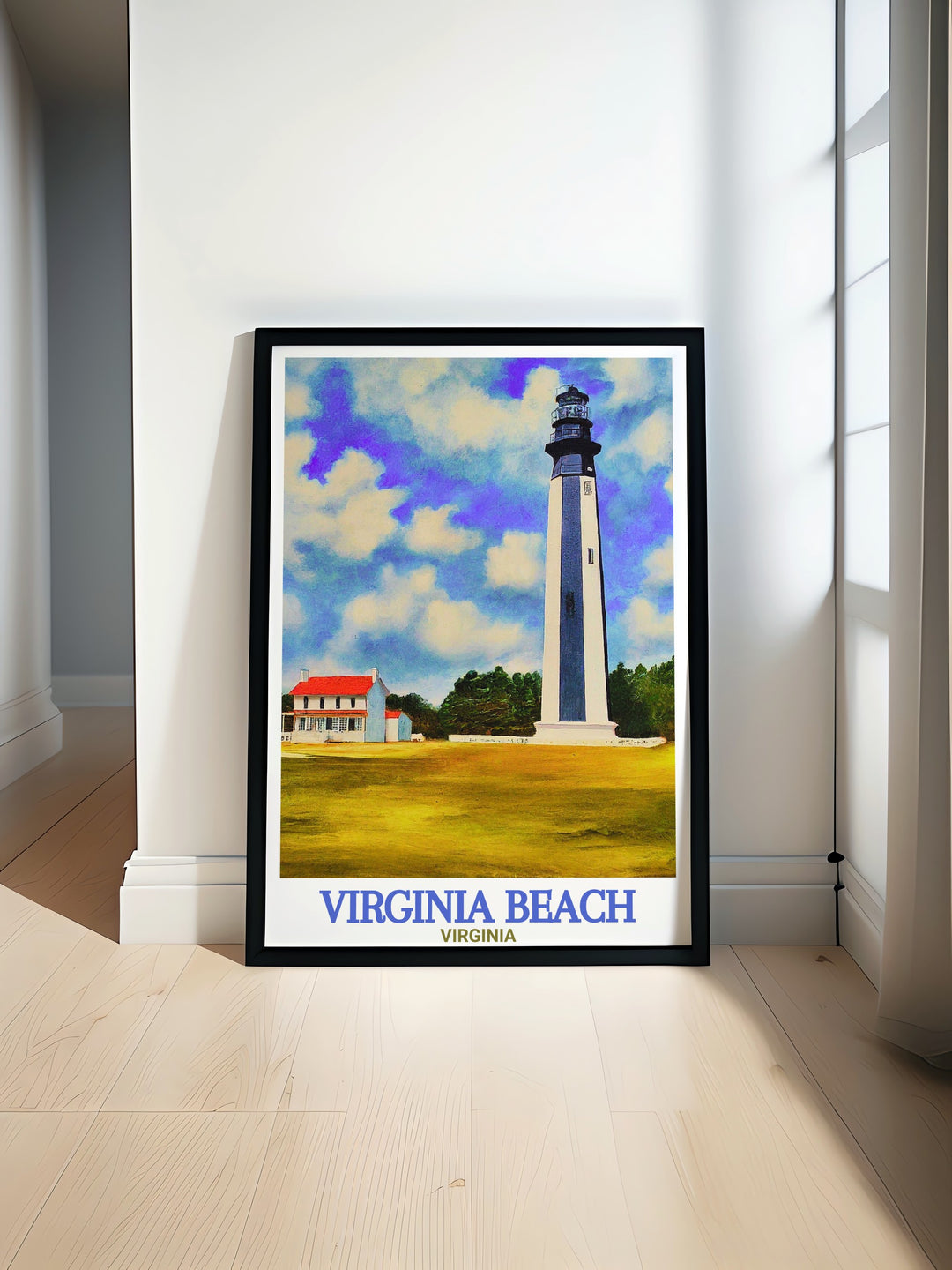 Virginia Beach print featuring the vibrant city and Cape Henry Lighthouse in colorful detail perfect for home decor and gifts bringing coastal charm and elegance to any space ideal for those who love urban landscapes and unique artwork