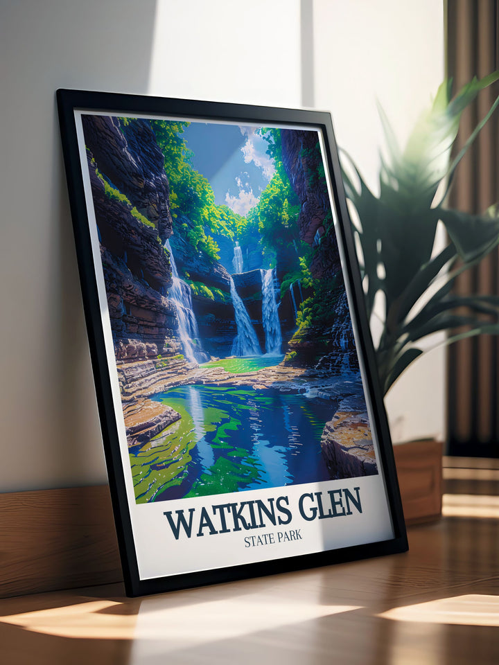 Timeless framed art of Watkins Glen State Park, New York, showcasing the parks natural elegance with vibrant colors and intricate details, perfect for adding a touch of sophistication to your decor.
