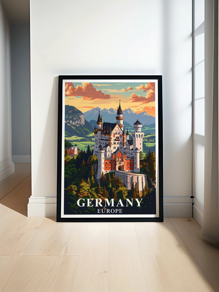 Capture the magic of Bavarias Neuschwanstein Castle and the iconic Berlin skyline in this beautiful travel poster. The perfect gift for someone who appreciates history and European landmarks.