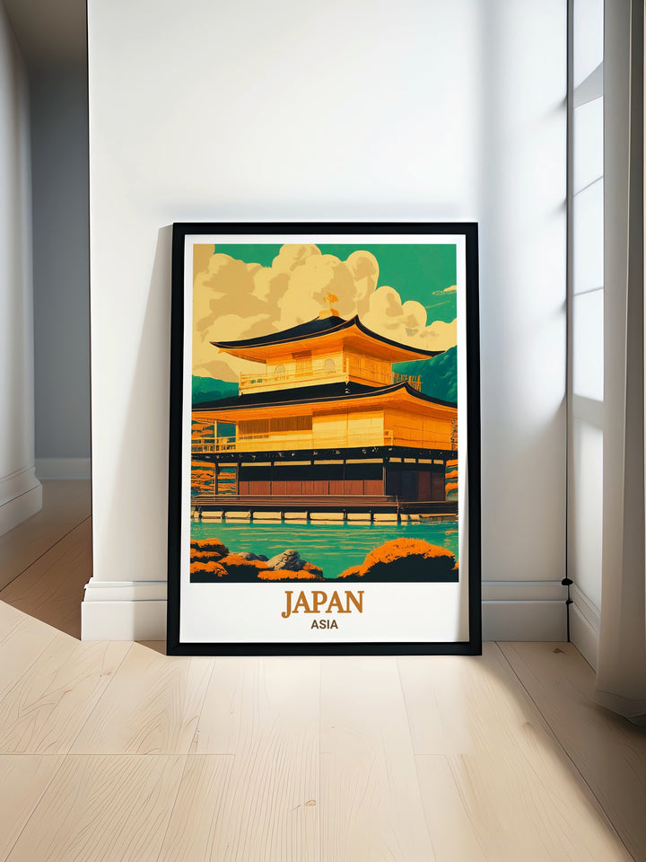 This Kinkaku ji poster print showcases the iconic Golden Pavilion in Kyoto, reflecting its shimmering gold exterior in the surrounding pond. Perfect for lovers of Japanese culture, this travel poster brings the tranquility of this historic Zen temple into your home. Ideal as a unique gift or decor piece for those who appreciate Japans rich history.