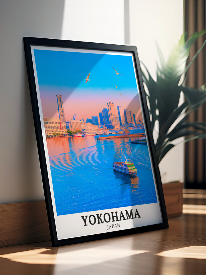 Yokohamas Minato Mirai district, known for its cutting edge architecture and scenic views, is highlighted in this print. The artwork captures the districts lively energy, centered around the towering Landmark Tower. Perfect for fans of Japanese culture, this piece brings a sense of modern sophistication to any room.