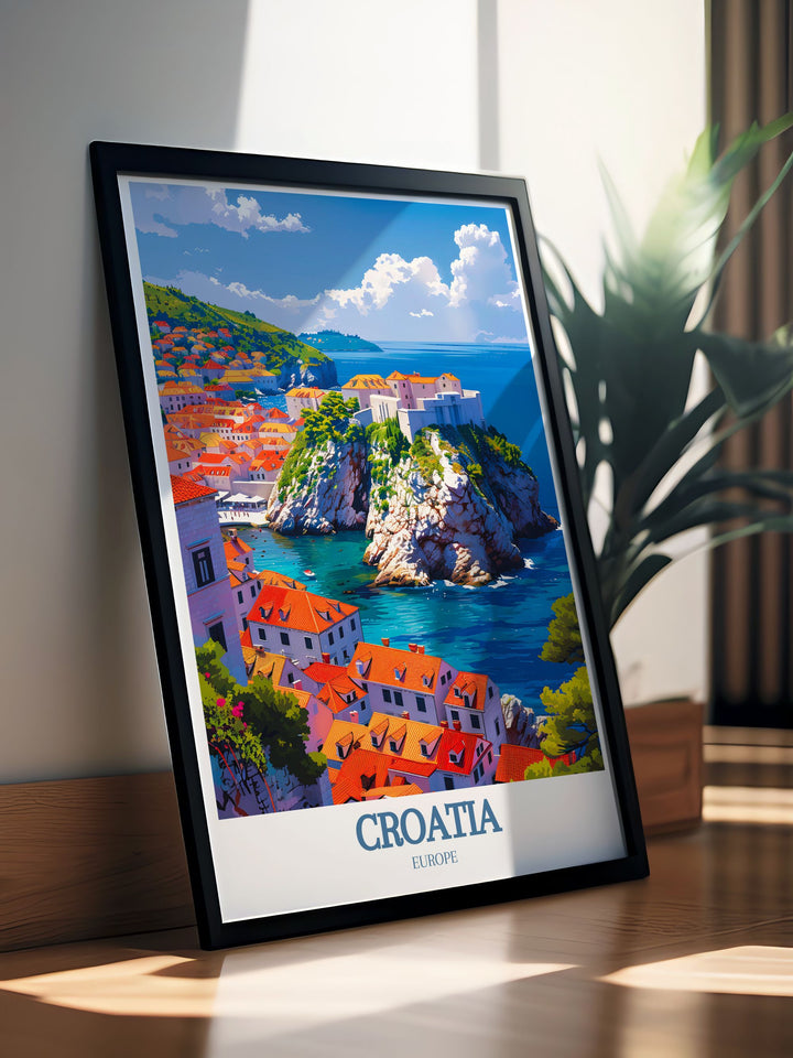 The combination of architectural beauty in Dubrovnik and the coastal charm of the Adriatic Sea is beautifully captured in this vintage travel poster, making it a stunning addition to any wall art collection celebrating Mediterranean destinations.