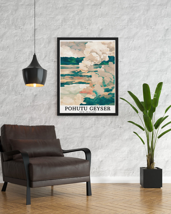 Capture the beauty of Rotoruas geothermal activity with this travel print of Pohutu Geyser, Wairakei Geothermal Area, and Kuirau Park. This artwork offers a vivid portrayal of New Zealands geothermal wonders, perfect for nature lovers or anyone who appreciates the stunning power of nature.