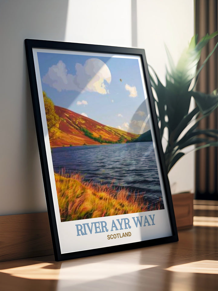 River Ayr Way landscape art featuring the serene surroundings and rich heritage of the trail and Glenbuck Loch. This scenic print captures the essence of Scotland, providing a visual escape to one of the countrys most beautiful locations.