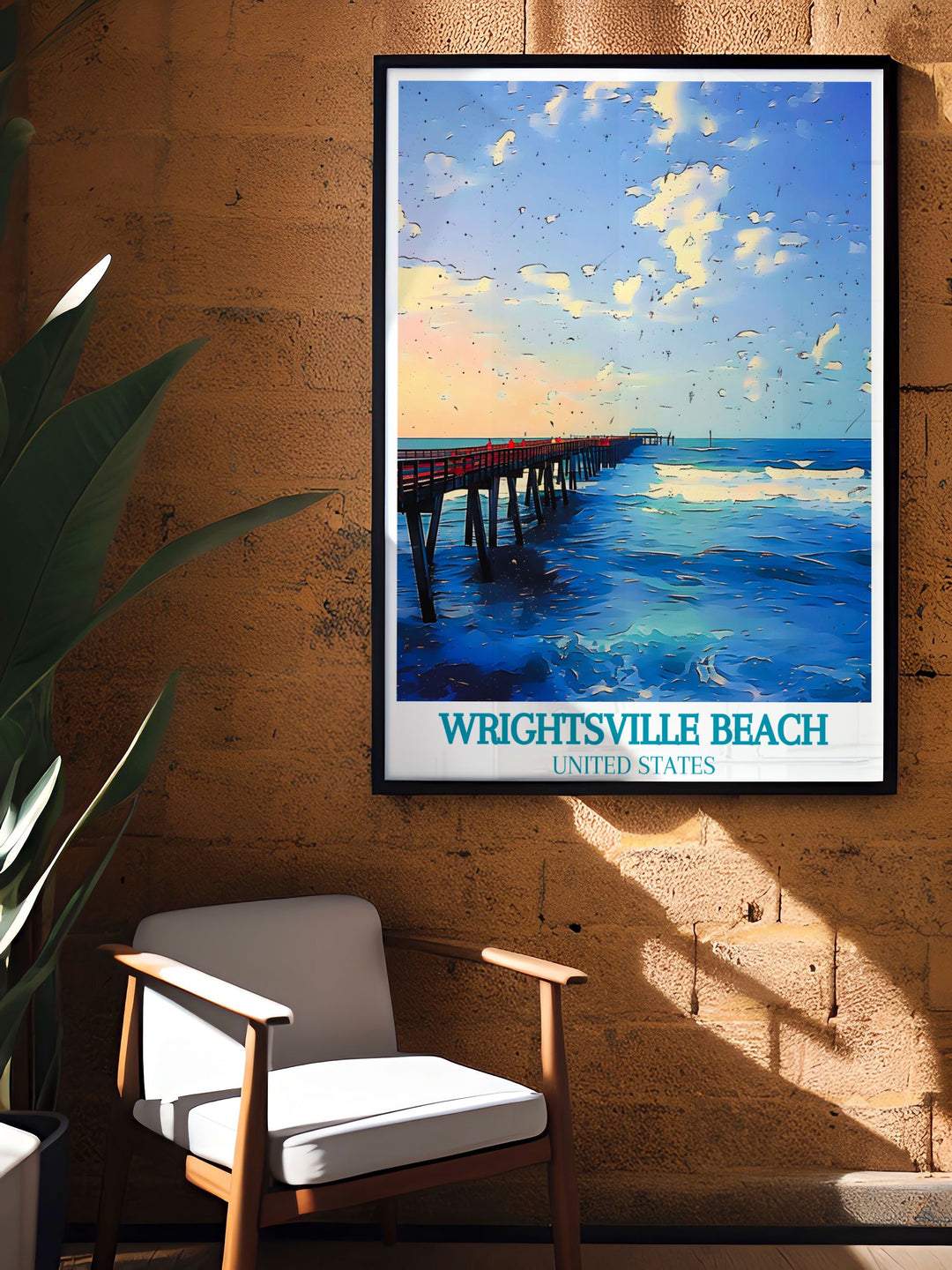 Wrightsville Beach Art Print featuring Johnnie Mercers Pier offers a unique blend of vintage aesthetics and modern decor. This city art print with its calming colors is a perfect way to showcase your love for North Carolinas coastal charm in any living space.