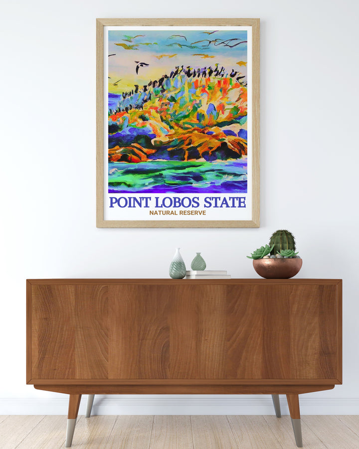 Framed art of Bird Island, depicting the vibrant birdlife and the rugged cliffs of Point Lobos State Natural Reserve. This artwork is ideal for anyone who appreciates wildlife and the peaceful beauty of Californias coastal landscapes.