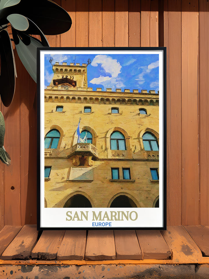 A San Marino travel print featuring the majestic Palazzo Pubblico. This poster highlights the stunning Gothic design of the landmark, offering a piece of European history for your home decor. Perfect for art lovers and travelers.