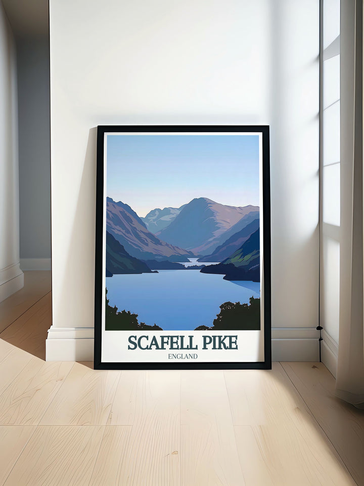 Scafell Pike poster print showcasing the stunning view of Wastwater lake in the Lake District perfect for nature lovers and hikers who want to bring the beauty of Englands national parks into their home with this beautiful travel print.