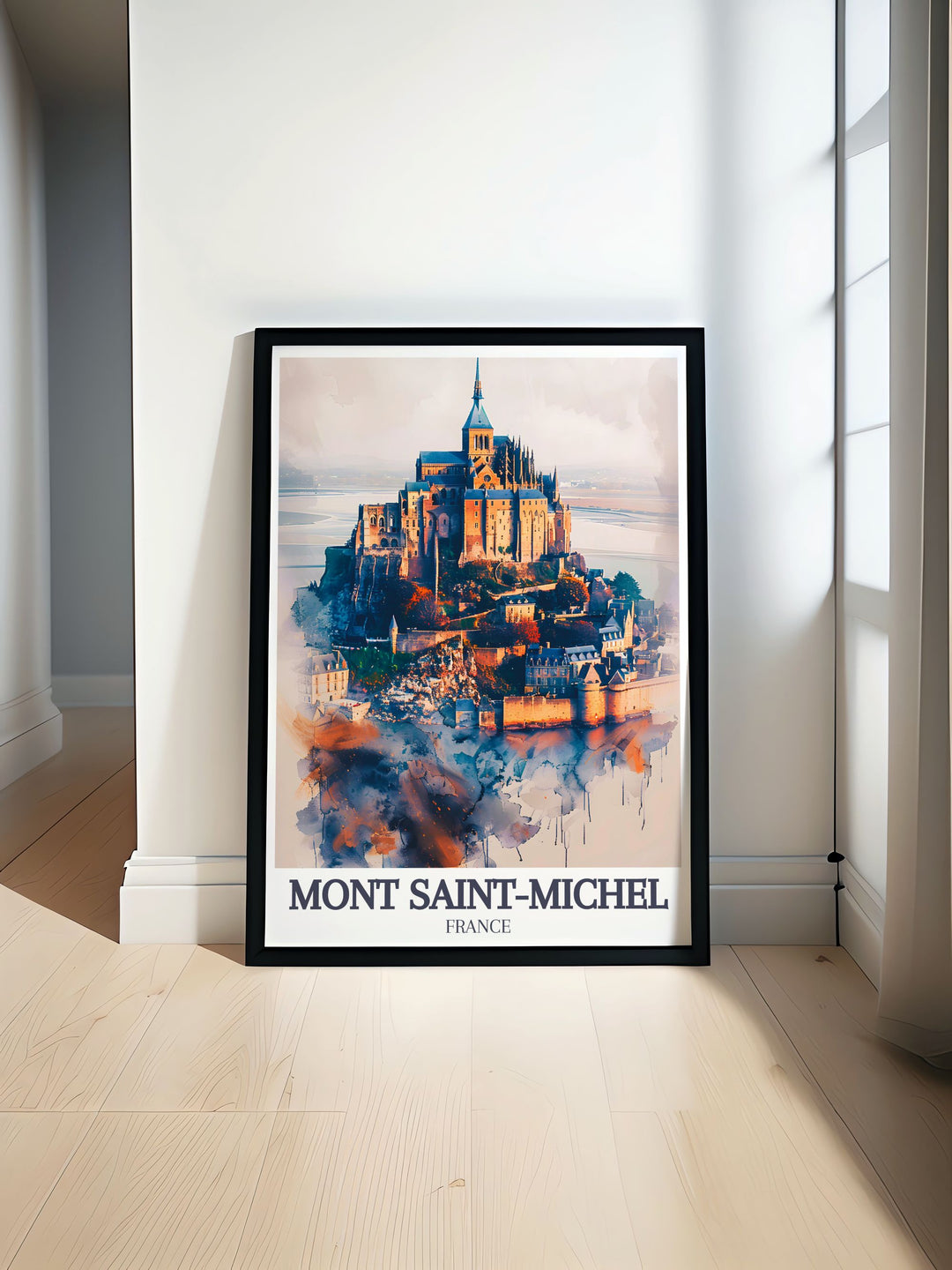 Mont Saint Michel print showcasing the stunning Normandy coastline Causeway perfect for adding elegance to your home decor with vibrant colors and intricate details.