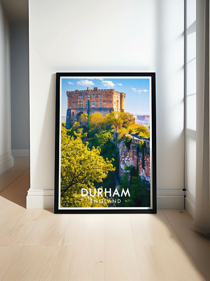 Featuring Durham Castle, this travel poster captures the timeless elegance of this medieval fortress and its surroundings, ideal for history and art enthusiasts.