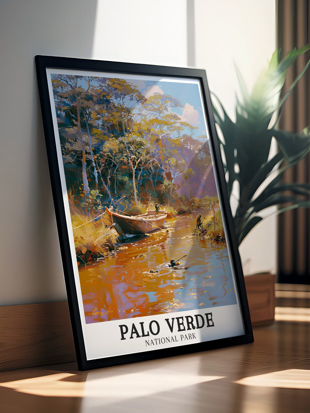 Palo Verde National Park poster print highlighting the Tempisque River and Verde Boat a perfect Costa Rica gift for travelers and nature lovers this modern print will enhance any room with its elegant depiction of one of Costa Ricas most famous landscapes.