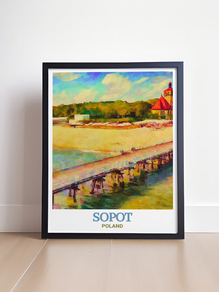 Custom print of Sopot Pier, Poland, emphasizing the piers architectural beauty and historical significance. The detailed artwork captures the essence of Sopot, making it a standout piece for anyone interested in Polish landmarks and coastal art.