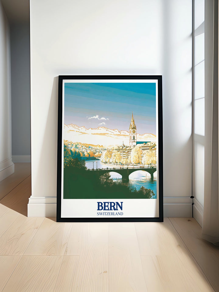 Aare River travel print showcases the calm and scenic beauty of Berns famous river, with its winding waters creating a picturesque backdrop for the city. This wall art is ideal for travelers, nature lovers, and anyone who admires Switzerlands natural beauty.