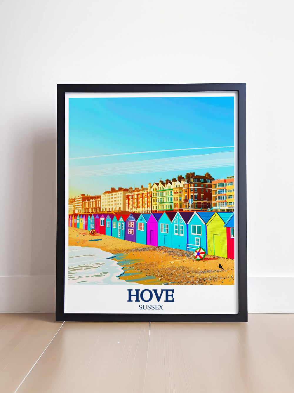 This English Channel travel print captures the calm waters and iconic bathing cottages of Hove, England, offering a timeless portrayal of this beloved seaside town. Ideal for lovers of English history and coastal beauty.