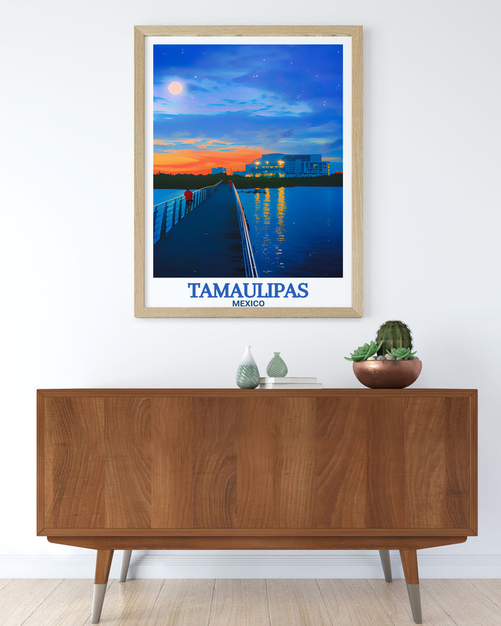 This Tamaulipas wall art showcases Reynosa and the peaceful beauty of Laguna del Carpintero in Tampico. A striking Mexico poster that blends the vibrancy of cityscapes with natural elegance making it an ideal personalized gift for any traveler or art lover.