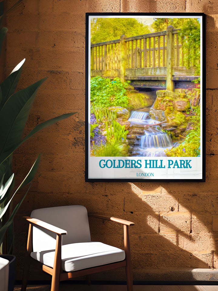 Framed art print of Golders Hill Park, highlighting its diverse landscapes and tranquil Water Gardens, perfect for adding a piece of Londons green spaces to your collection.