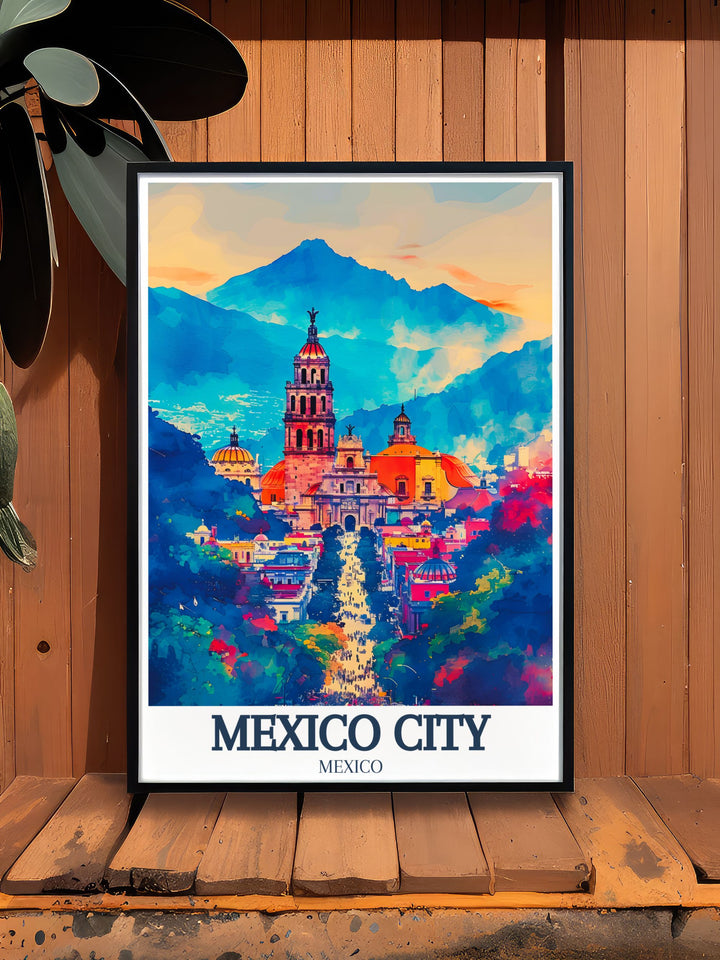 Metropolitan cathedral Zocalo Chapultepec castle travel poster brings the heart of Mexico City to your home. This vibrant artwork captures the lively energy and historical beauty of these famous landmarks perfect for decor and gifts.