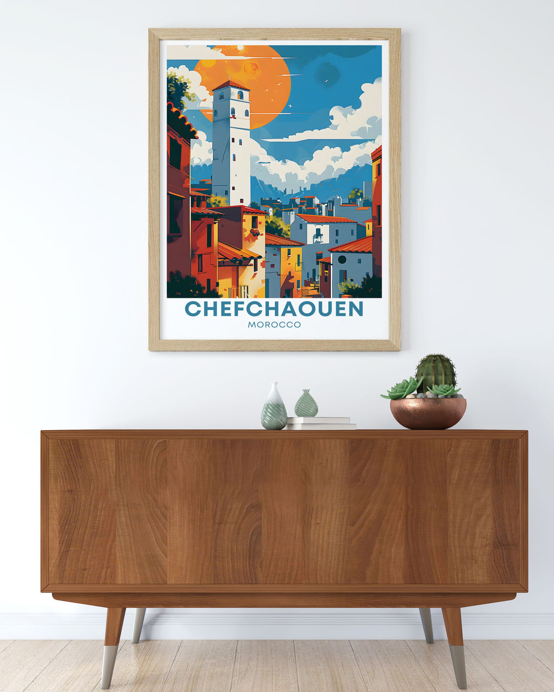 This Chefchaouen travel poster beautifully captures the vibrant blue hues and historical charm of the Blue Medina. Perfect for adding a serene and exotic touch to your decor, this art print reflects the unique architecture and cultural heritage of Moroccos Blue Pearl.