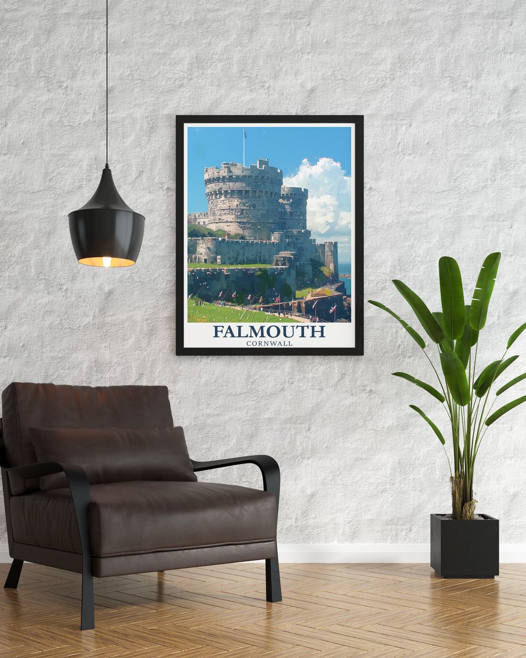Elegant Pendennis Castle poster featuring the impressive structure and picturesque landscape of Falmouth, Cornwall. This travel print brings the beauty of Cornwall into your home, making it a standout piece in your decor.