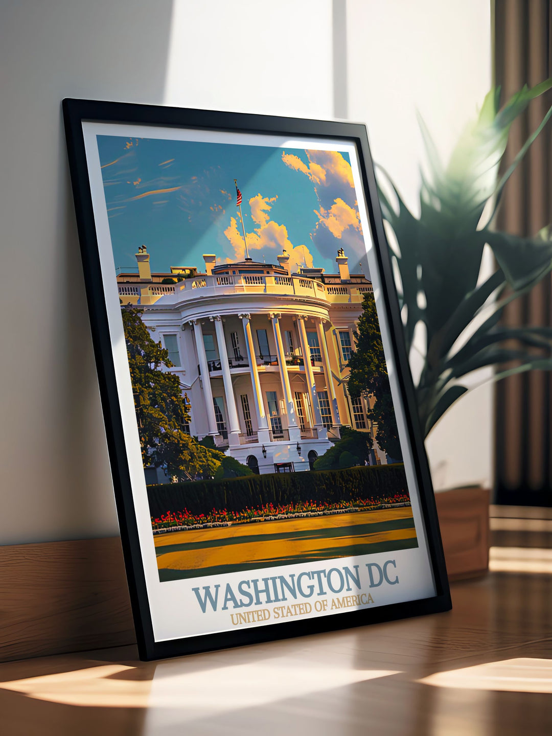 Modern Washington DC print in black and white featuring The White House. This elegant art print adds a touch of sophistication to your home decor and makes a great gift for anniversaries birthdays and holidays. Enhance your living room with this beautiful city print.