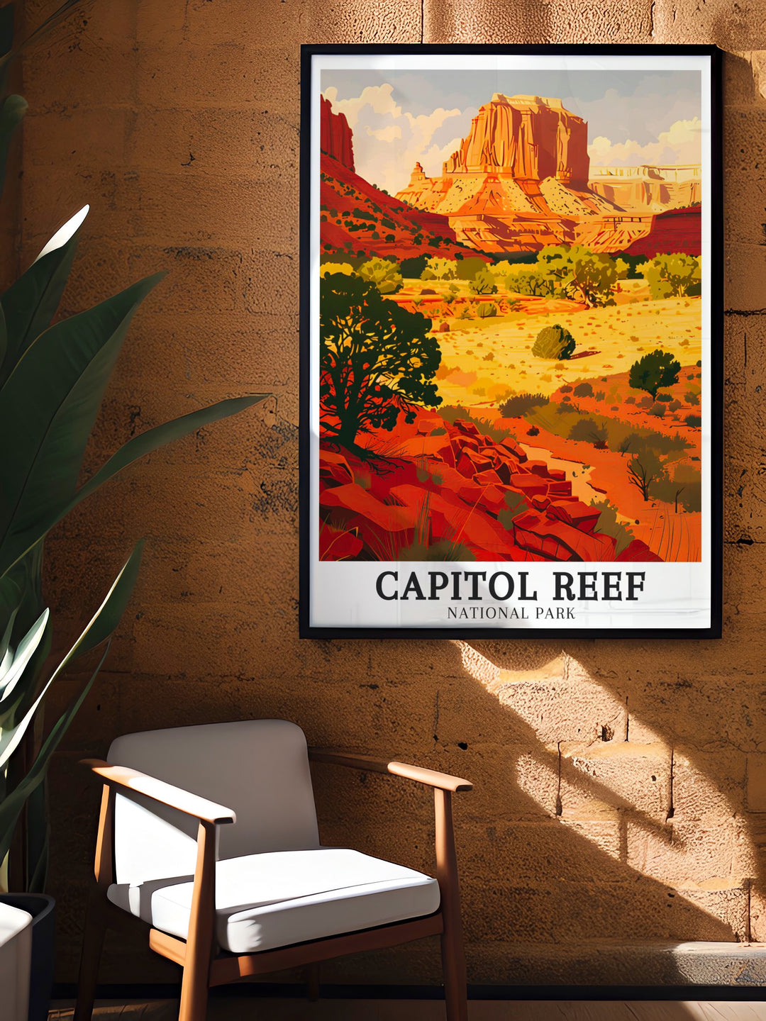 Capitol Reef Travel Poster brings to life the scenic beauty of Utahs Red Rock Country. Featuring the striking geological formations that make Capitol Reef famous, this print is perfect for adventurers and fans of Americas National Parks.