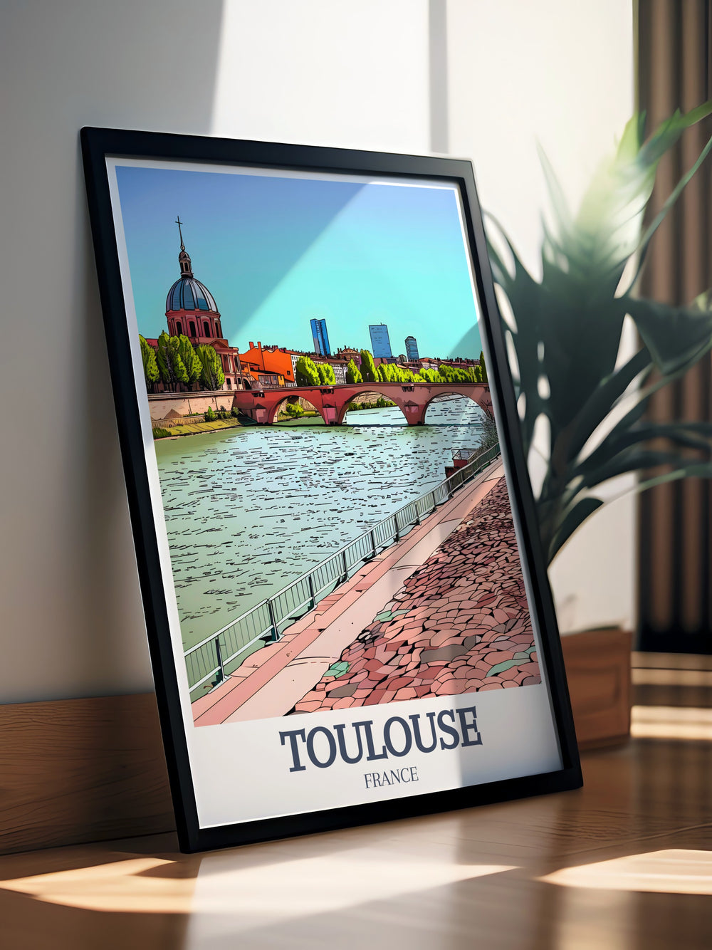 Our Toulouse poster print highlights the grandeur of the Dome Grave and the flowing Garonne River, capturing the timeless beauty of one of Frances most historic cities. Perfect for those who admire French landmarks, this framed artwork brings Toulouse to life.