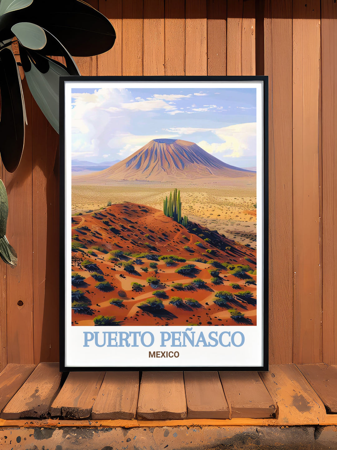 Travel poster of Puerto Peñasco featuring the expansive landscapes of El Pinacate, showcasing the vast dunes and stunning craters that define this Mexican desert paradise. This detailed print is perfect for those who want to add a touch of the deserts grandeur to their home.