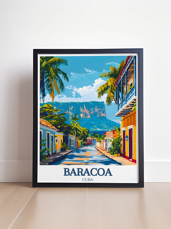 Beautiful Cuba print showcasing Baracoas El Yunque Mountain and the vibrant streets of Baracoa town, highlighting its lush vegetation and historic architecture. Ideal for those who love vintage travel art and adding a scenic touch to their living space.
