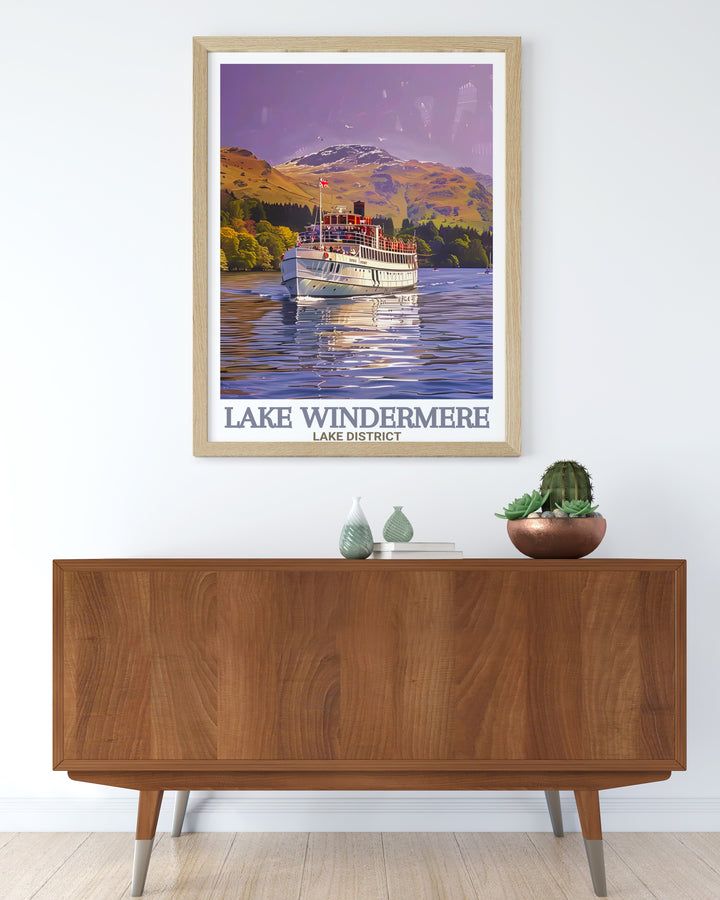 Lake Windermere Poster Print captures the stunning beauty of Englands largest lake, featuring the peaceful waters of Windermere and the iconic Windermere Lake Cruise. This travel print is perfect for nature lovers, bringing a touch of Cumbrias natural charm into any home.