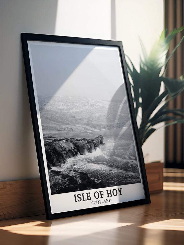 The Cuilags Hills on the Isle of Hoy are beautifully depicted in this canvas art, showcasing the rugged landscapes of Scotlands Orkney Islands. Whether for yourself or as a gift, this travel poster brings the dramatic beauty of Scotland into any room, making it ideal for nature lovers and travelers alike.