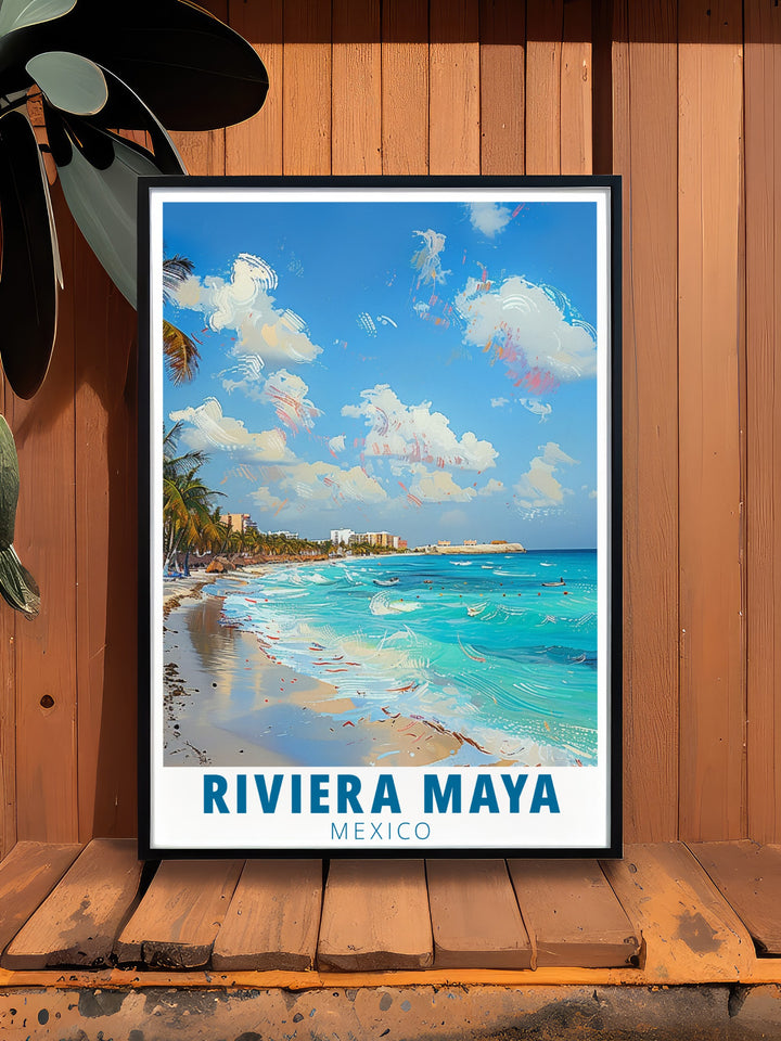 Add a splash of color to your walls with this Riviera Maya poster print, featuring the vibrant beaches of Playa del Carmen. A beautiful gift for anyone who loves tropical art and beach decor.