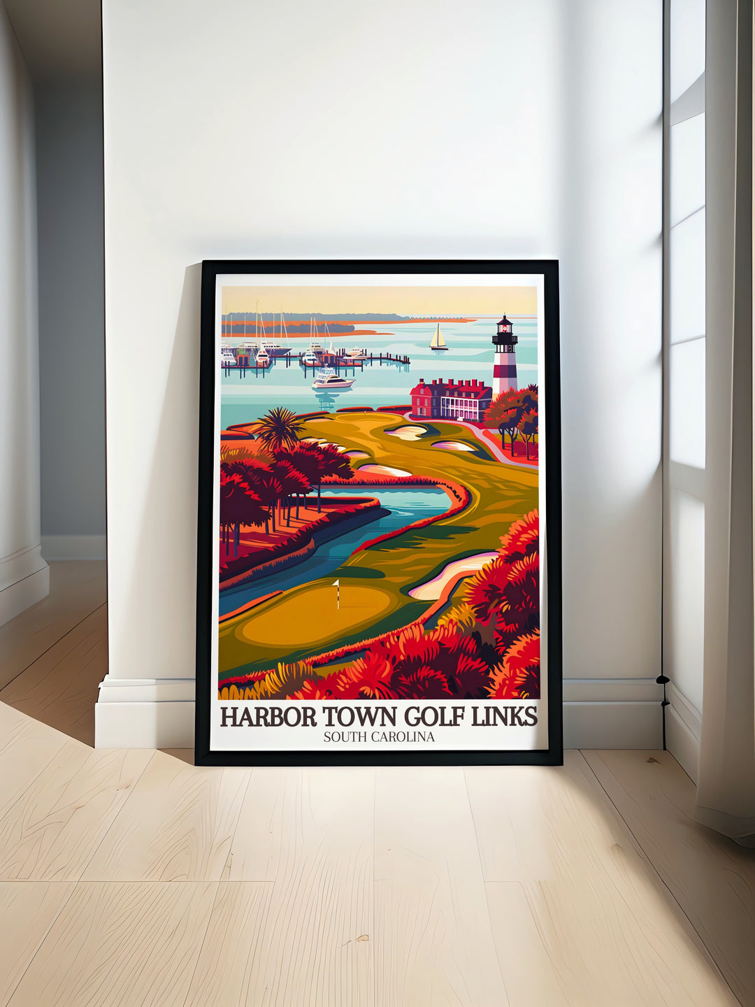 The Sea Pines Resort canvas art highlights the beauty of the 18th hole at Harbor Town Golf Links. This travel poster is ideal for anyone who loves golf and coastal landscapes, capturing the essence of this world renowned course.