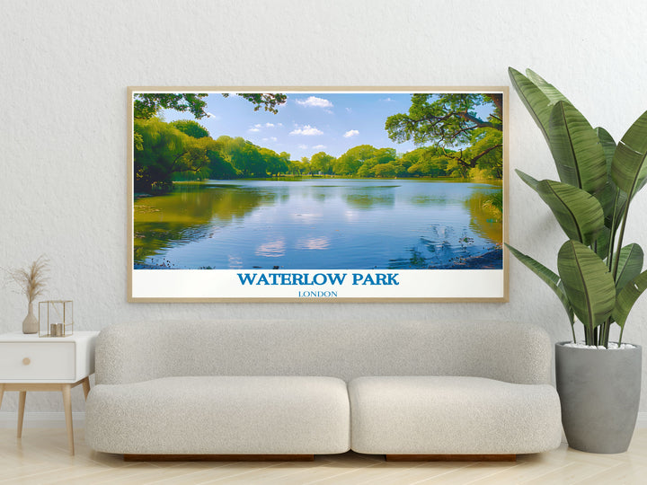 Waterlow Park Print featuring Highgate Ponds Modern Art is a perfect addition to your home decor bringing a serene and timeless feel to your living space while celebrating Londons hidden gems and the peaceful beauty of Highgate in North London