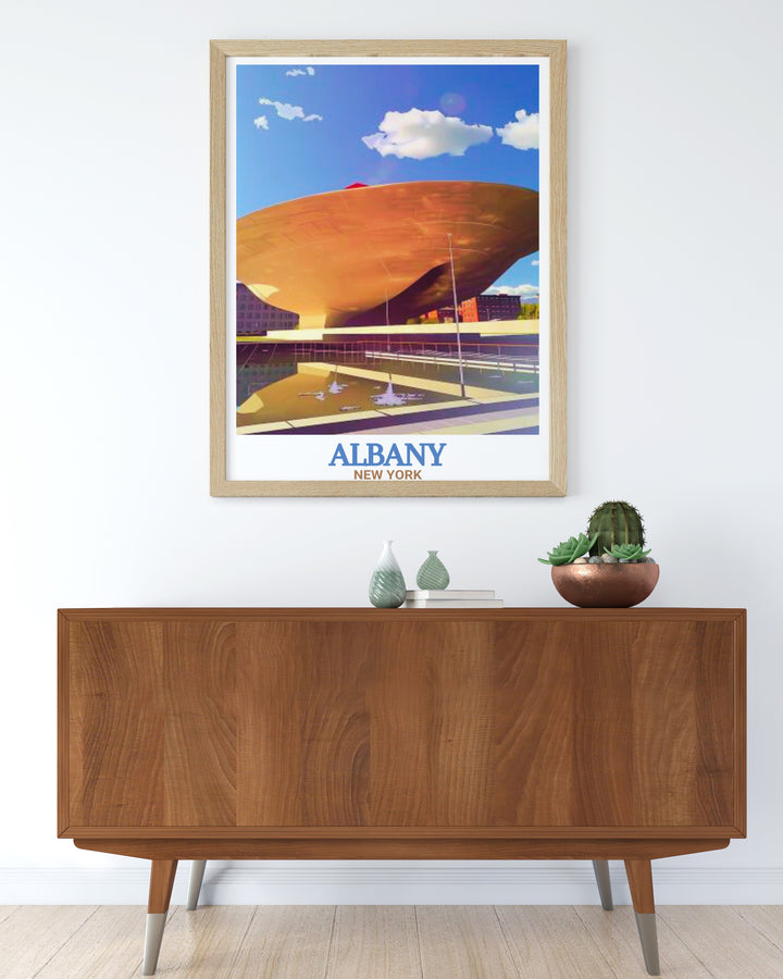 Vibrant The Egg poster capturing the futuristic style and cultural significance of Albany making it a perfect addition to any collection of New York State prints and art collectibles suitable for modern and vintage decor styles.