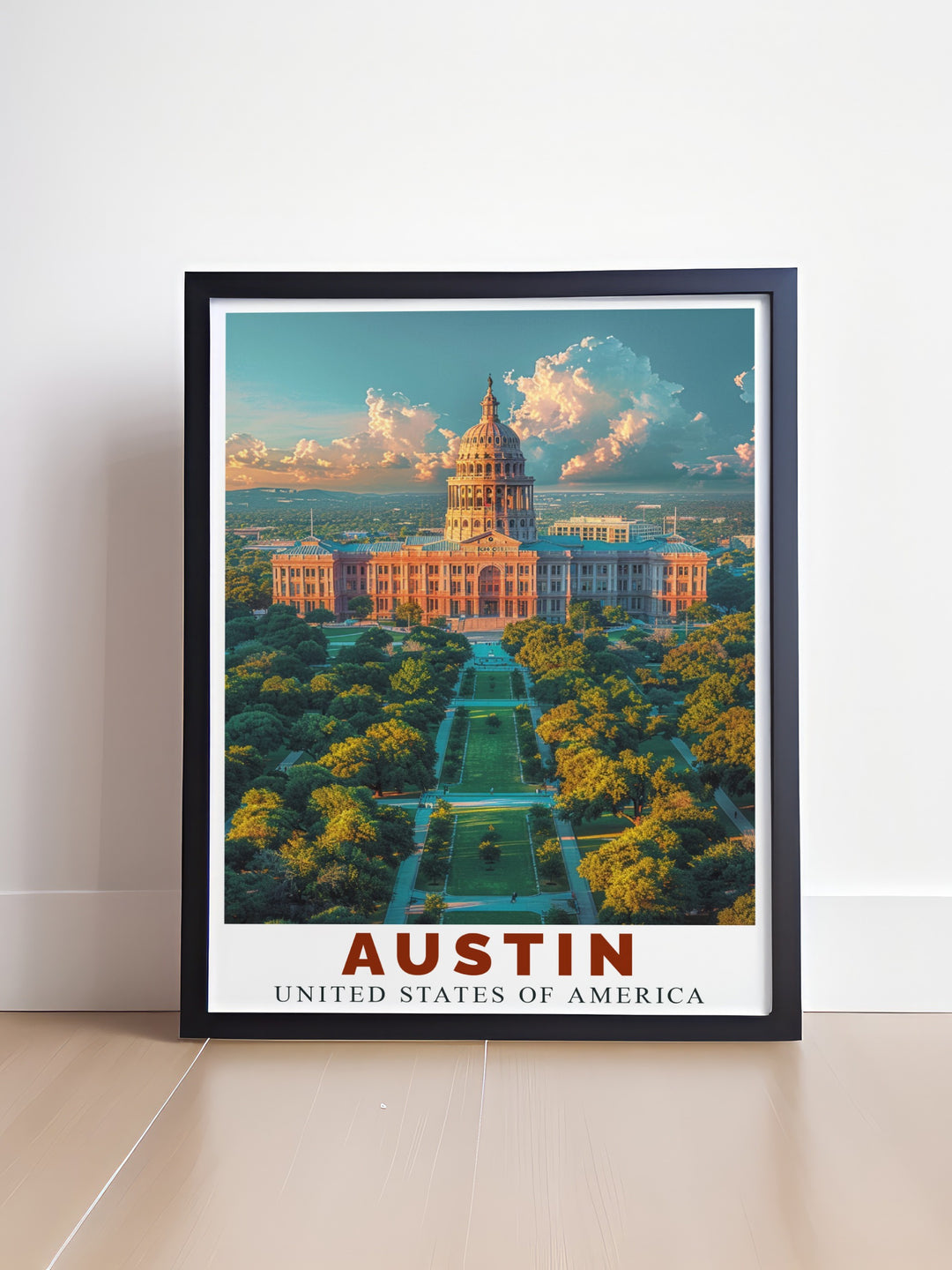 Austin City Limits inspired print perfect for music enthusiasts with Texas State Capitol framed prints enhancing your space with modern art and a touch of historical significance