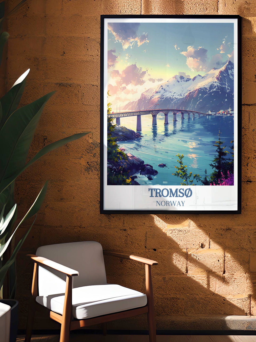 Vintage travel poster of Tromsø Bridge with vivid colors and detailed illustrations, celebrating the elegance and beauty of this iconic Norwegian structure.