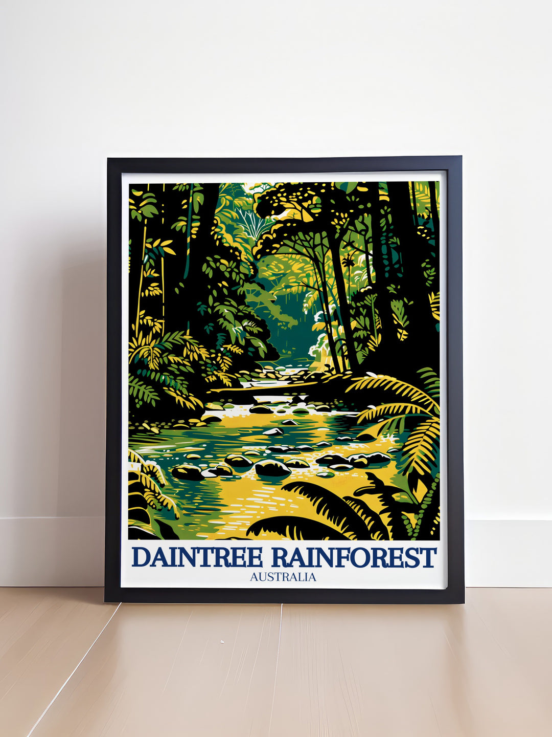 Mossman Gorge Print highlights the crystal clear waters and lush surroundings of this famous Australian landmark, paired with views of the Daintree Rainforest and Emmagen Creek. This framed art is ideal for nature lovers and adventurers who cherish Australias landscapes.