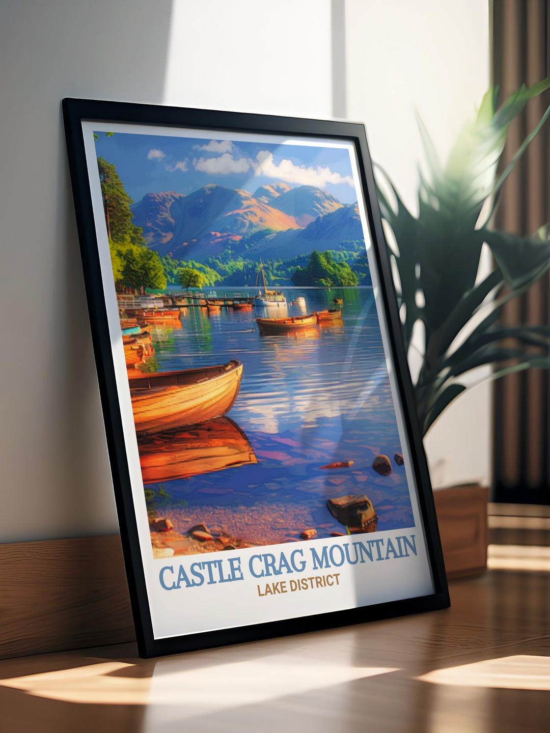 Castle Crag Mountain framed art print capturing the peaceful yet dramatic landscapes of Keswick and Derwentwater, making it a wonderful gift for nature lovers.