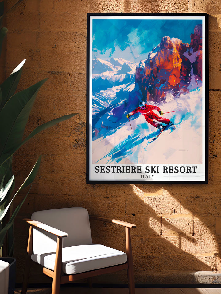 Sestriere Ski Resort poster featuring the beautiful Italian Alps. This vibrant print captures the excitement of the Sestriere Vialattea Ski Area, ideal for home or office decor.