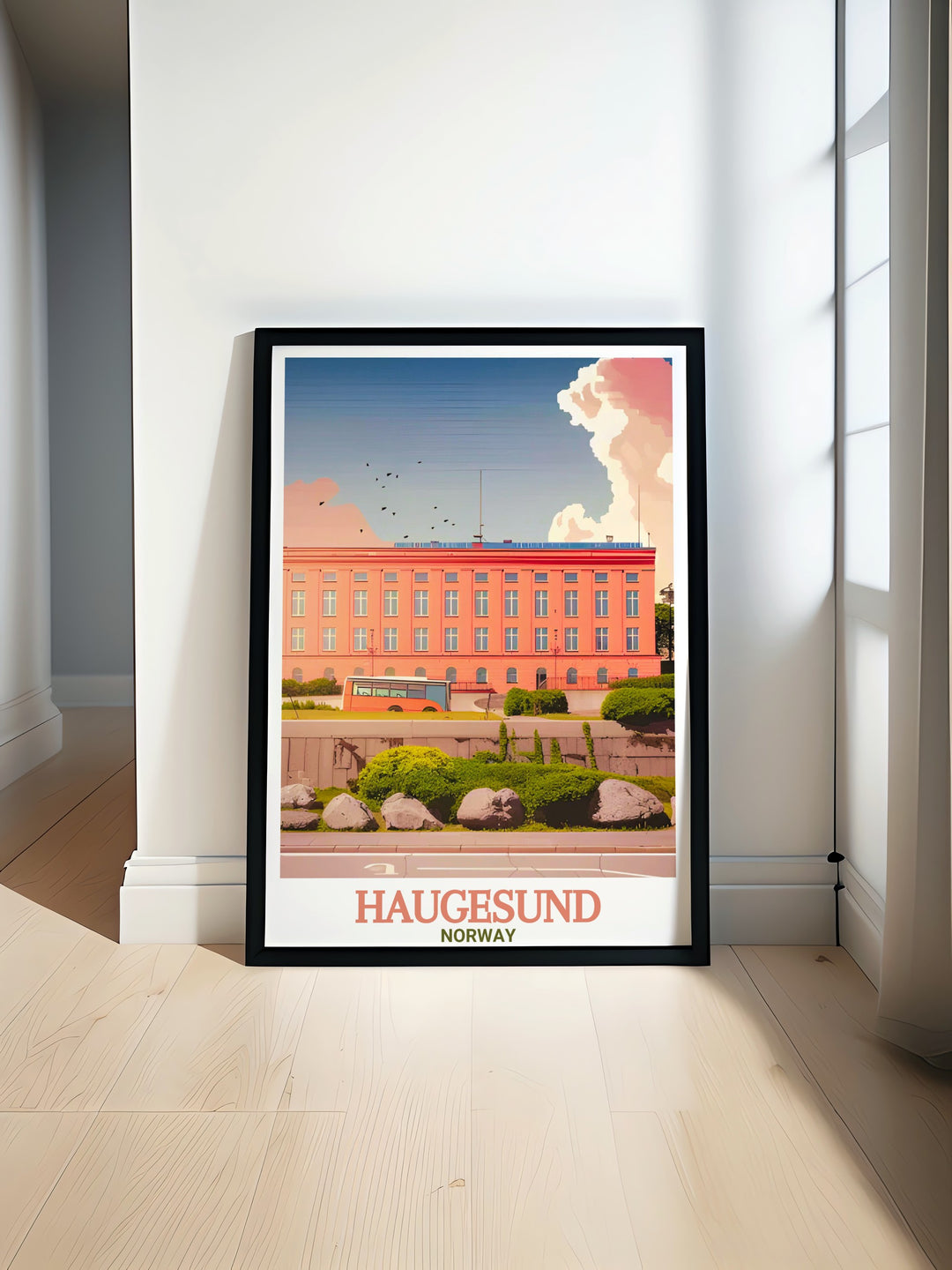 Capture the allure of Haugesunds history and landscape in this travel print, which showcases the citys notable landmarks, including Haraldshaugen and Haugesund City Hall, alongside the peaceful North Sea coast.