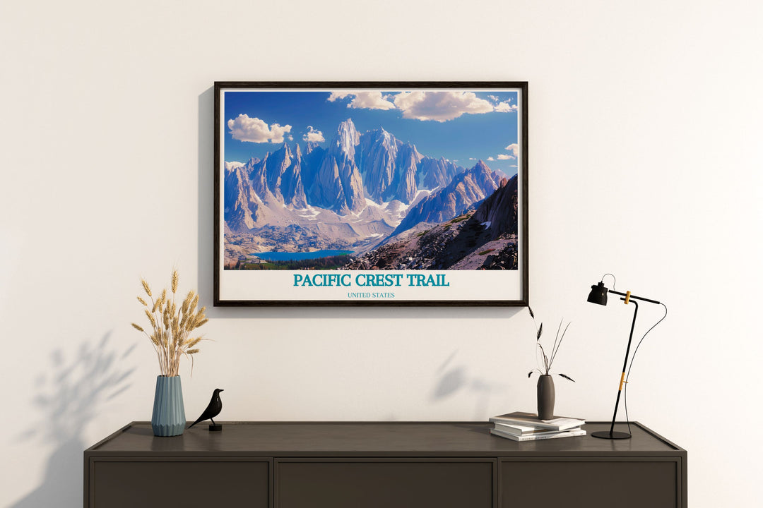 Elegant Mount Whitney artwork depicting the stunning elevation and serene landscapes of this iconic peak ideal for home decor enthusiasts who appreciate the grandeur of nature and long distance hiking