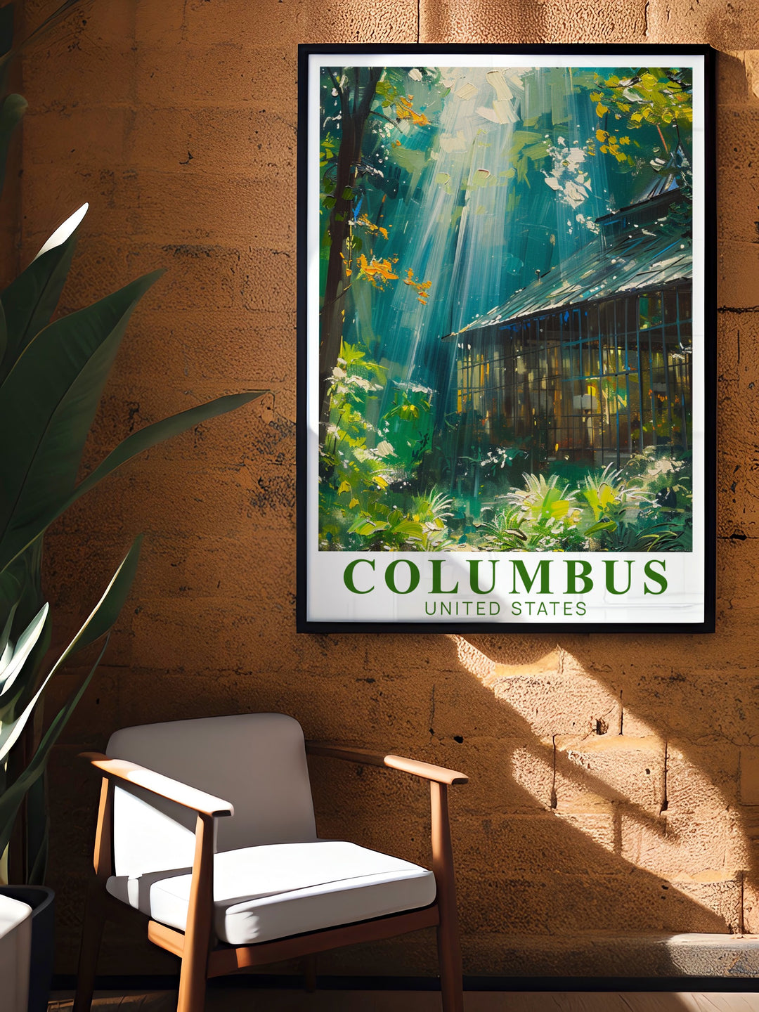 Celebrate Columbus with this vibrant travel print featuring the city skyline and Franklin Park Conservatory. A perfect choice for modern home decor or a thoughtful gift for lovers of Columbus Ohio cityscapes and personalized art prints.