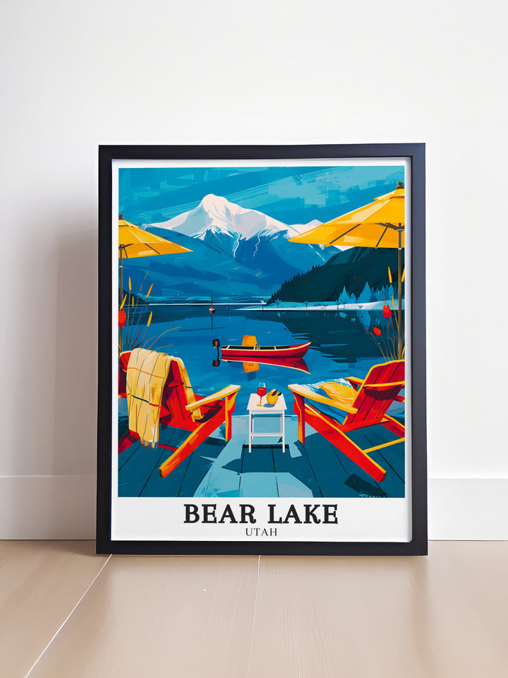 Stunning art print of Bear Lake with its turquoise waters and surrounding Wasatch Mountains perfect for adding a touch of nature to your home decor or as a thoughtful gift for nature lovers