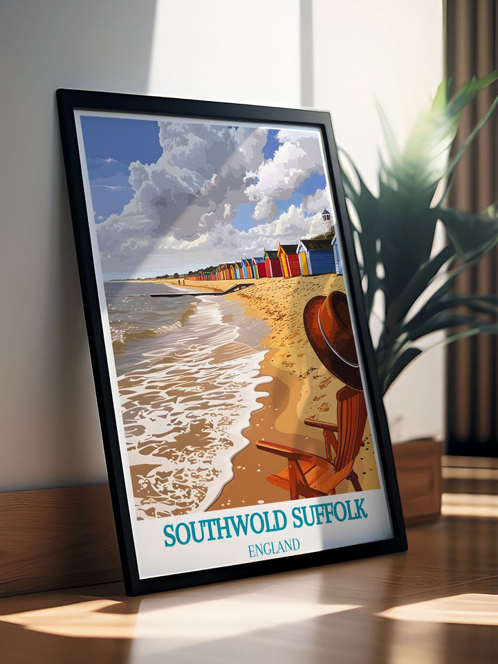 Discover the enchanting landscape of Southwold Beach with this exquisite travel poster, illustrating the tranquil shoreline and the vibrant beach huts.