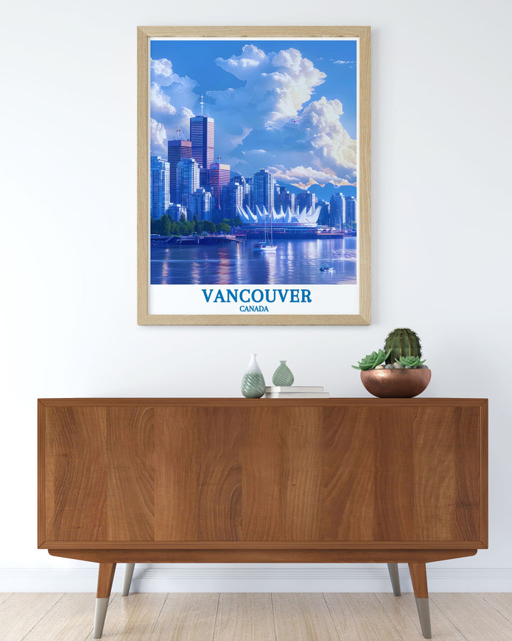 Discover the vibrant atmosphere of Canada Place with this art print. Featuring the iconic design and bustling harbor, this piece brings the essence of Vancouvers waterfront and architectural innovation into your living space.