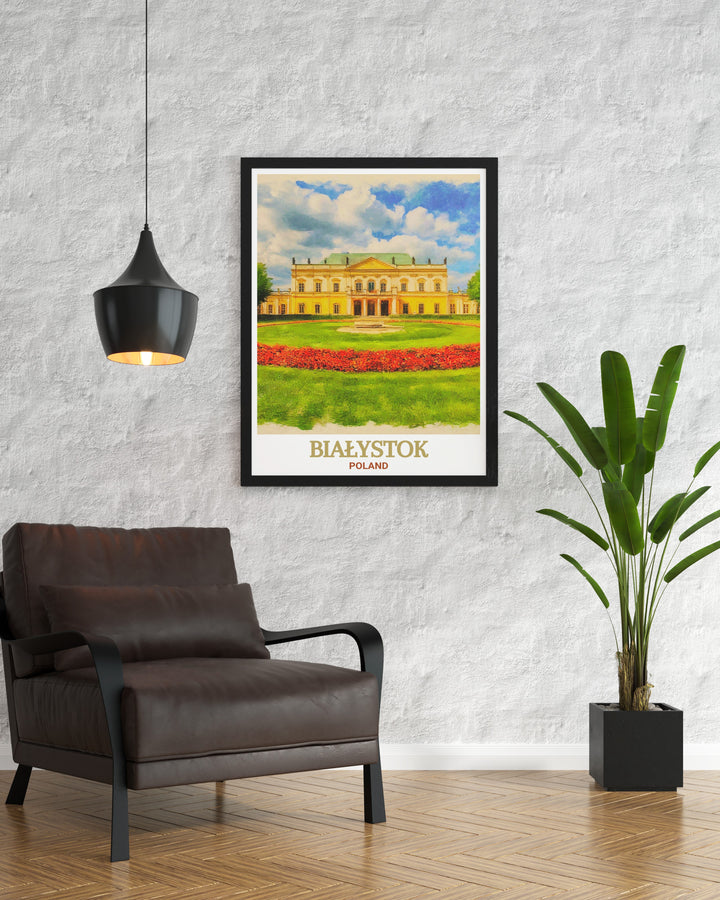 Białystok Travel Poster highlights the stunning architecture of Branicki Palace. This detailed print is ideal for anyone who enjoys European landmarks and adds a timeless touch to home decor or as a unique travel gift for a loved one.