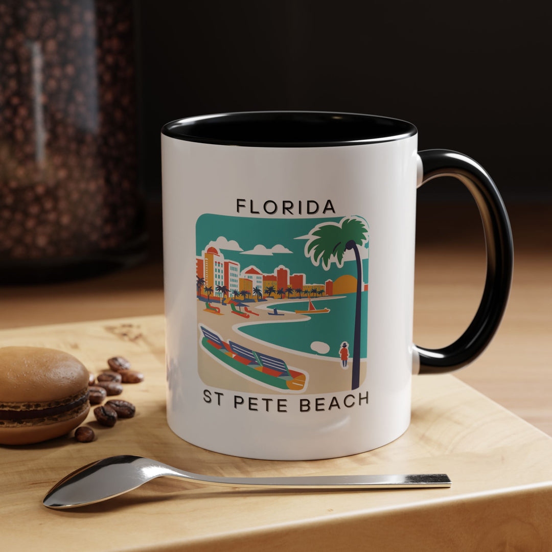 The St. Pete Beach Florida mug features vibrant artwork inspired by the picturesque coastline of St. Pete Beach. Made from high-quality ceramic, this mug is perfect for enjoying coffee or tea while reminiscing about beach vacations. Dishwasher and microwave safe.